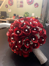 Load image into Gallery viewer, Red Roses Bridal Bouquet with Rhinestone Sparkly Cuff