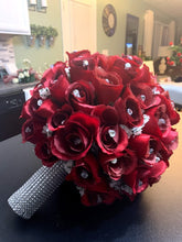 Load image into Gallery viewer, Red Roses Bridal Bouquet with Rhinestone Sparkly Cuff