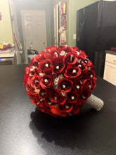 Load image into Gallery viewer, Red Roses Bridal Bouquet with Rhinestone Sparkly Cuff
