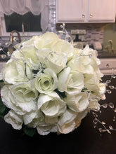Load image into Gallery viewer, White Roses Bling Bridal Bouquet with Rhinestone Sparkly Cuff
